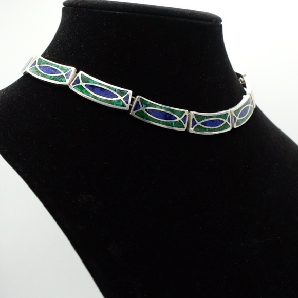 Vintage .925 Sterling Silver Choker Inlay necklace Lazuli Lapis & Malachite 90s - Picture 6 of 16